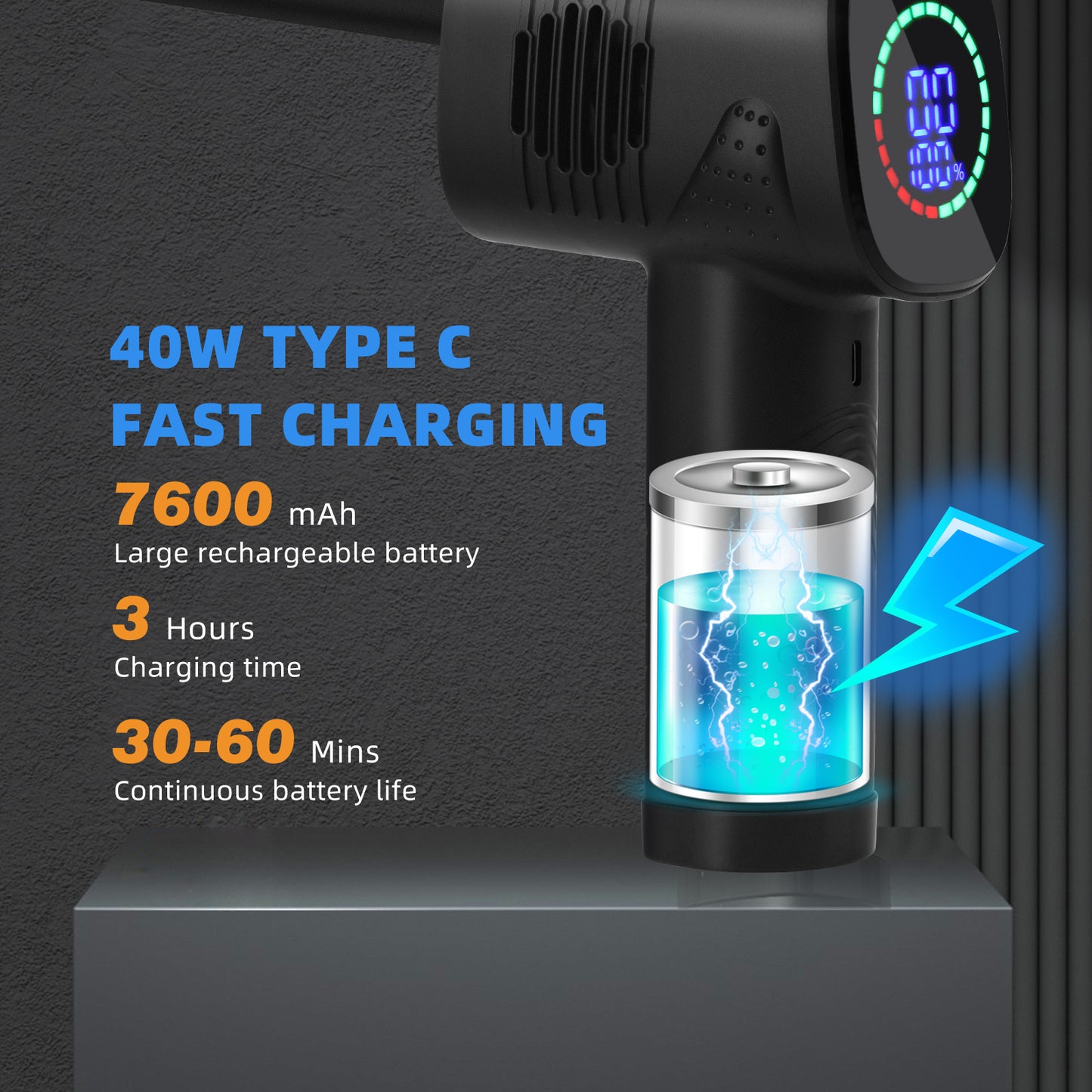 Compressed Air Duster, 3 Speeds Cordless Air Blower for Computer Keyboard Electronics Cleaning,【Brushless Motor】,LED Display,7600mAh Rechargeable Battery, Reusable Dust Destroyer